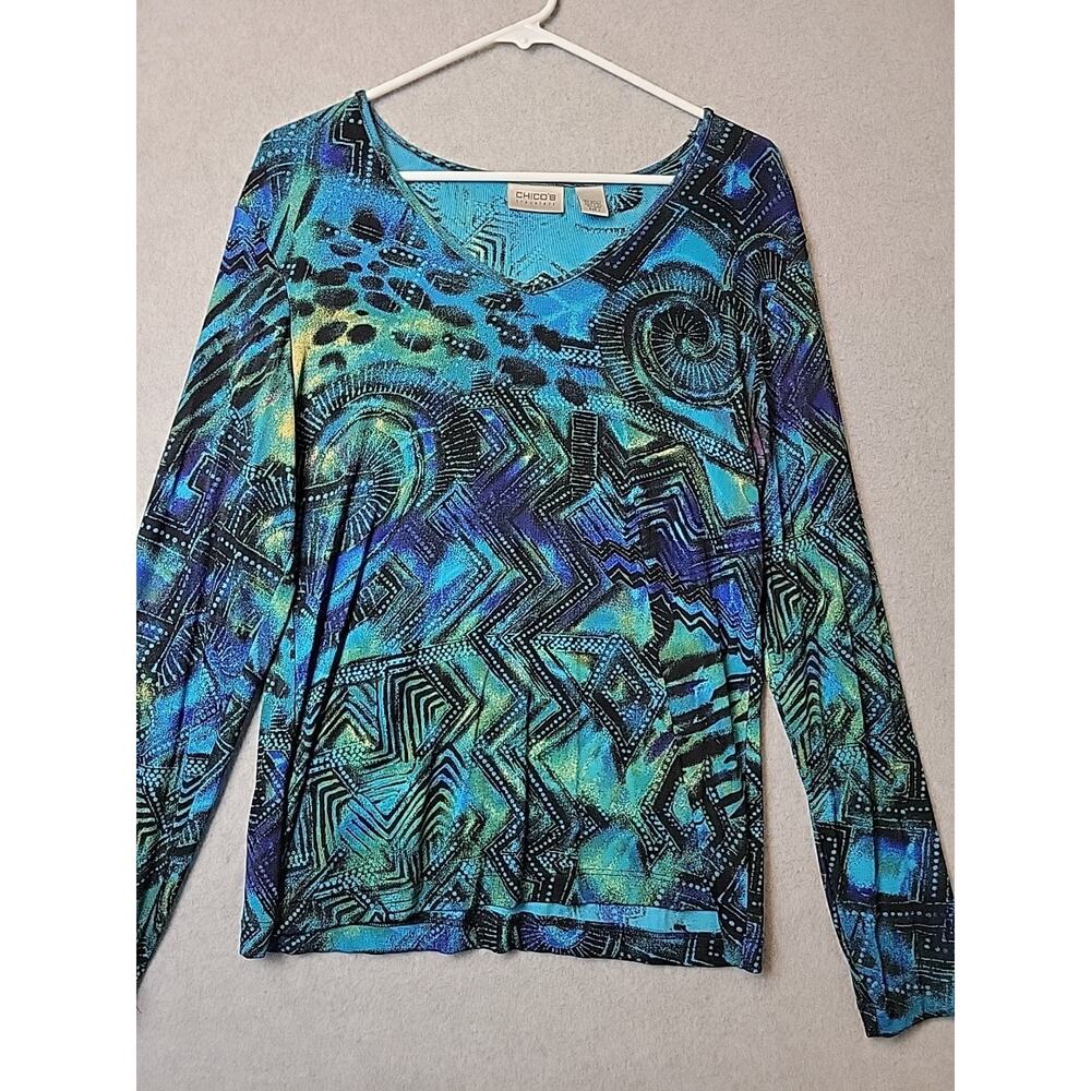 Chico's Travelers Blue Artsy Nautilus Slinky LS V Neck Blouse Women's 1 US Med - Picture 2 of 12